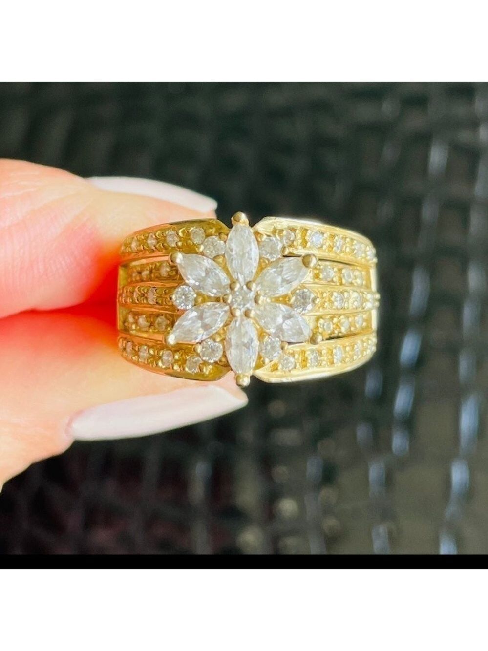 14k Yellow Gold Diamonique Cubic Zirconia Floral Cluster Cocktail Statement Ring
